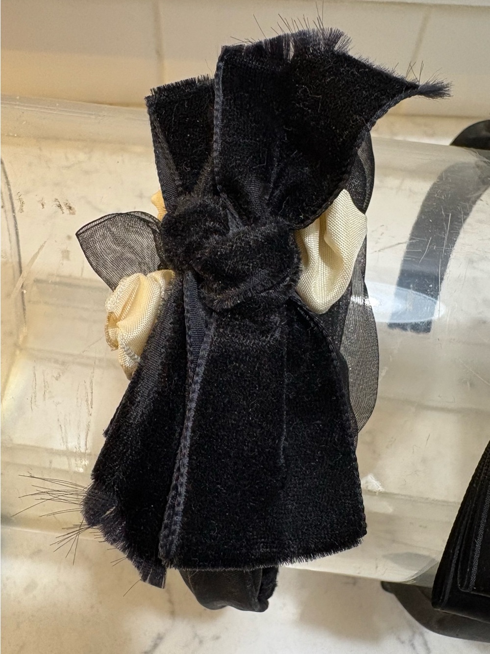 Deborah Rhodes Black Velvet Bow Headband with Cream Rosettes